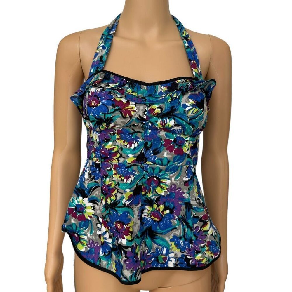 Anthropologie Odille Pop of Posies Floral Ruffle Halter Top Blouse Size 2 NWT